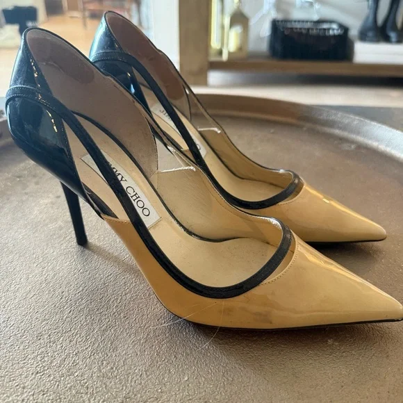 Jimmy Choo Black and Cream Color Block Cut Out Heels